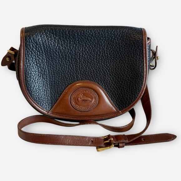Dooney & Bourke Handbags - Vintage Dooney & Bourke All Weather Leather Saddle Bag Black with Brown Trim
